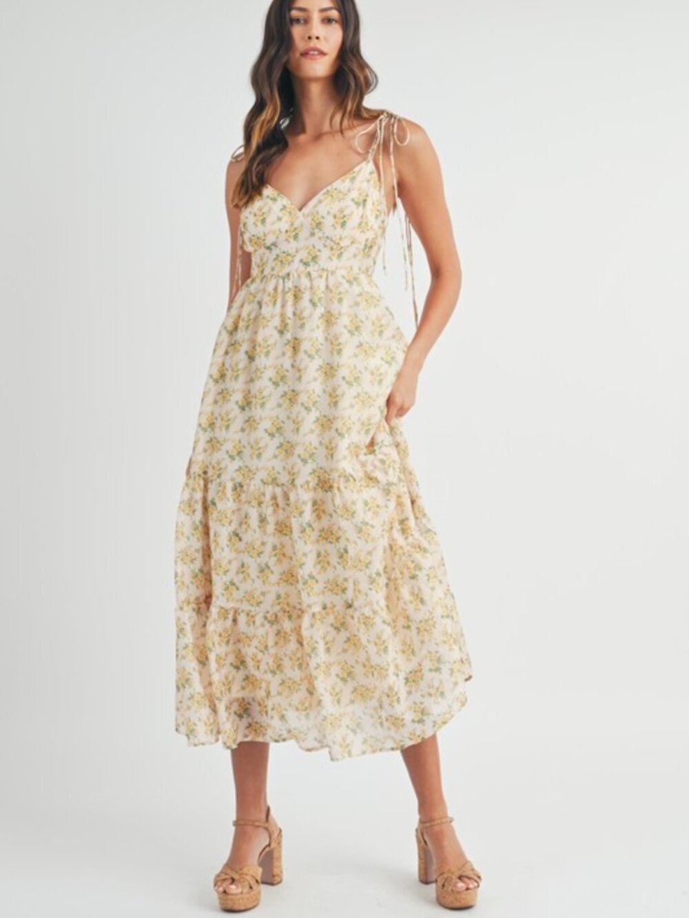 Floral print double self tie spaghetti strap tiered midi dress. Small - Picture 3 of 7
